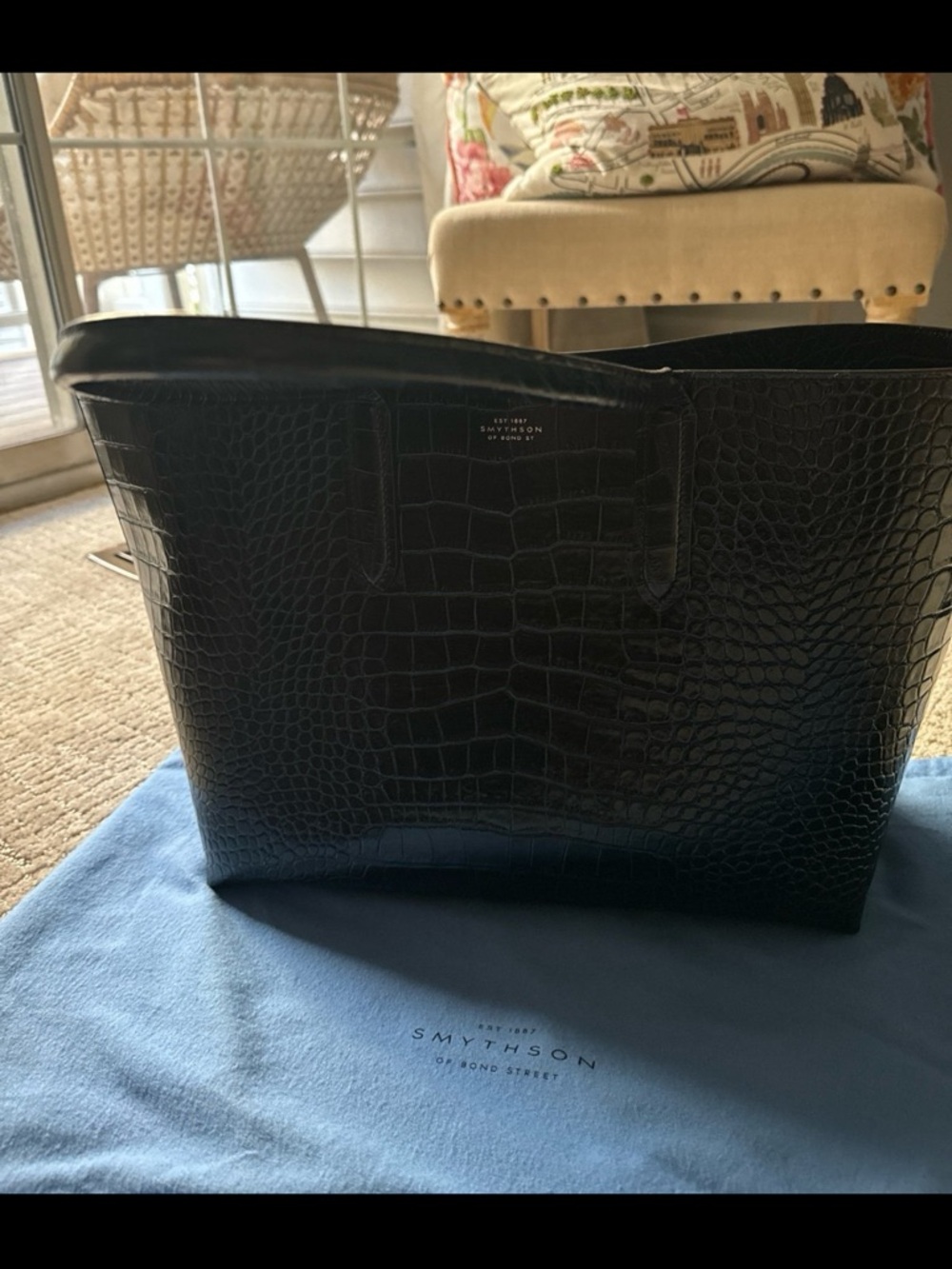 Smythson Black Croc-Embossed Tote